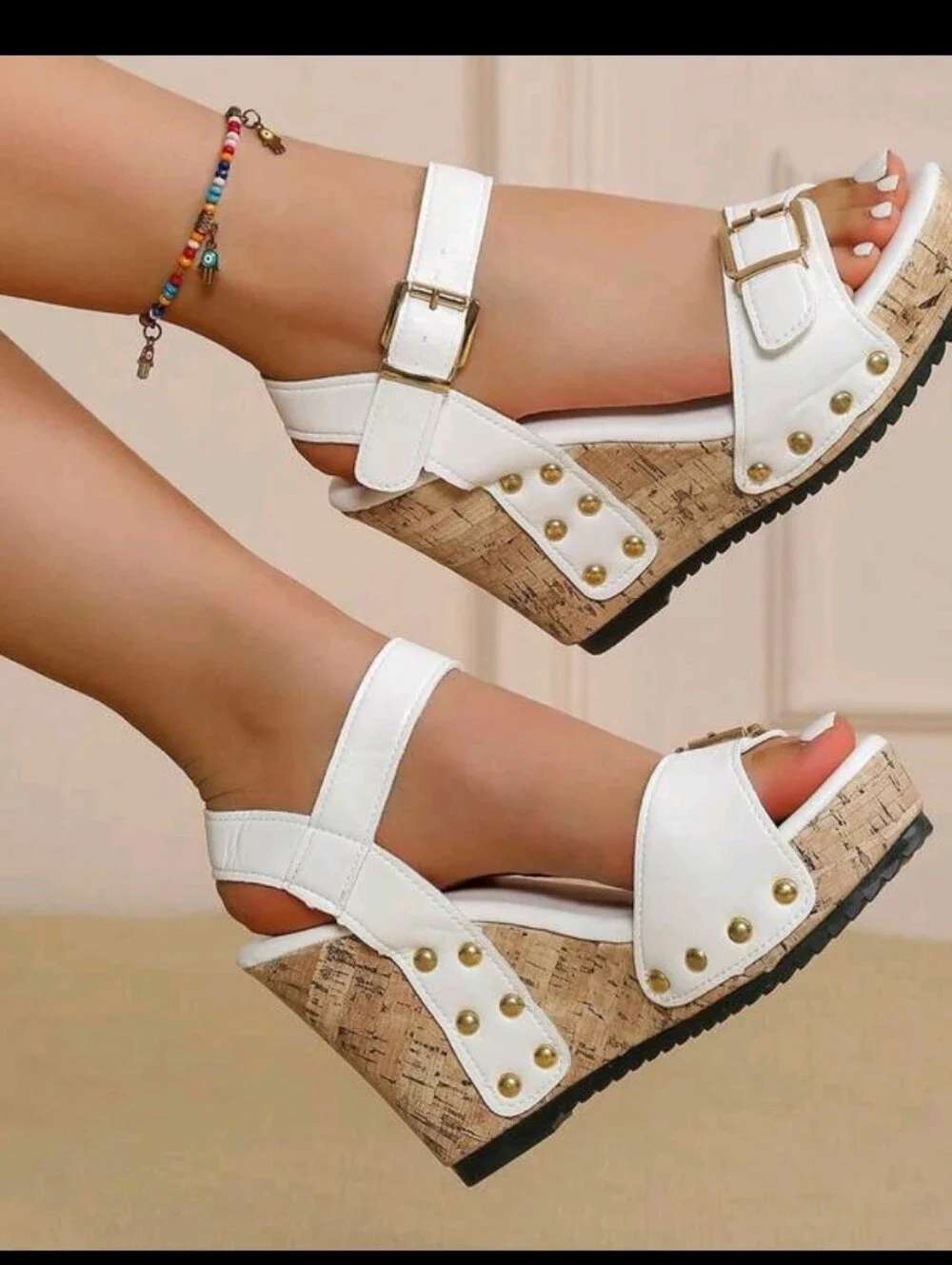 White Women's Cork Wedge Sandals with Gold Studs